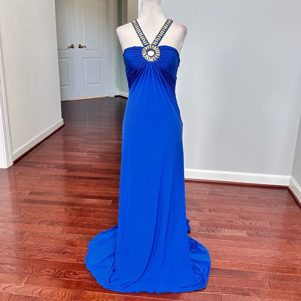 Calvin Klein Blue‎ Golden Yellow Strappy Beaded Embellished Unique Gown Dress